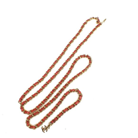 CHANEL CC Logo Charm Chain Belt 01S Leather Red Gold France Accessory - Picture 1 of 9